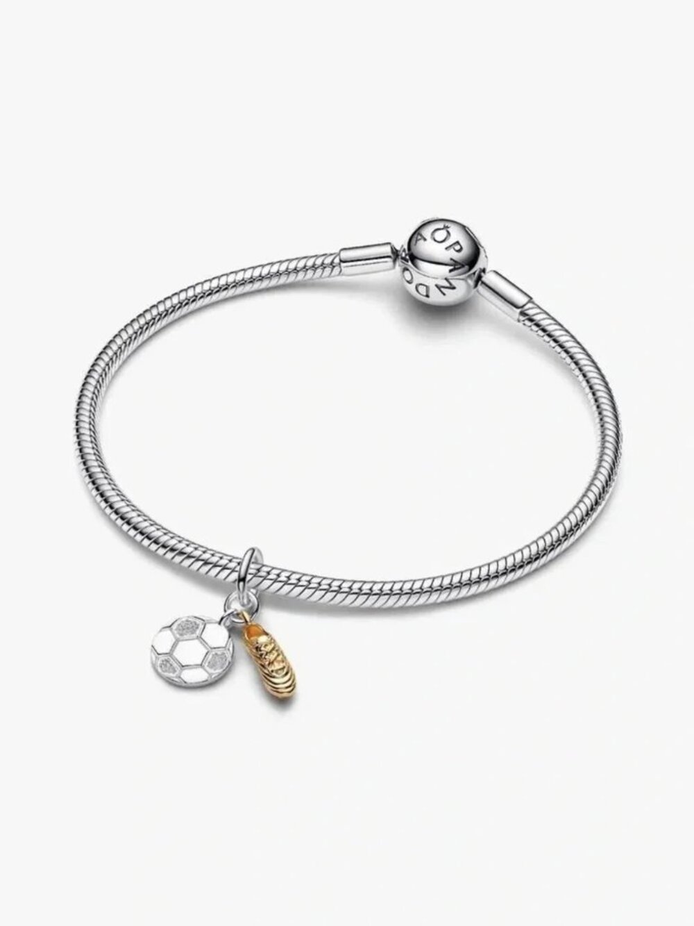 Pandora Silver Bracelet with Silver Soccer Ball and Gold Cleat Charms